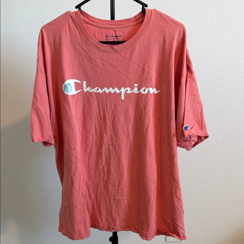 🌿 Champion Coral/Pink Tee with Logo - Picture 1 of 4
